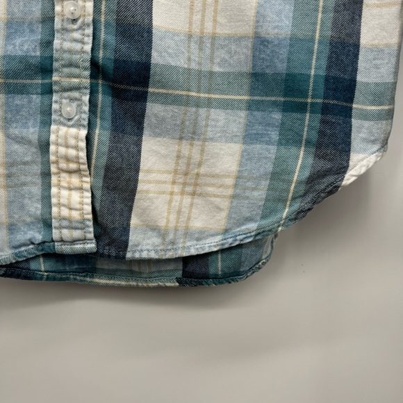 AE Mixed Denim Plaid Flannel Boyfriend Button Down Collar Shirt Women’s XS - Picture 9 of 11